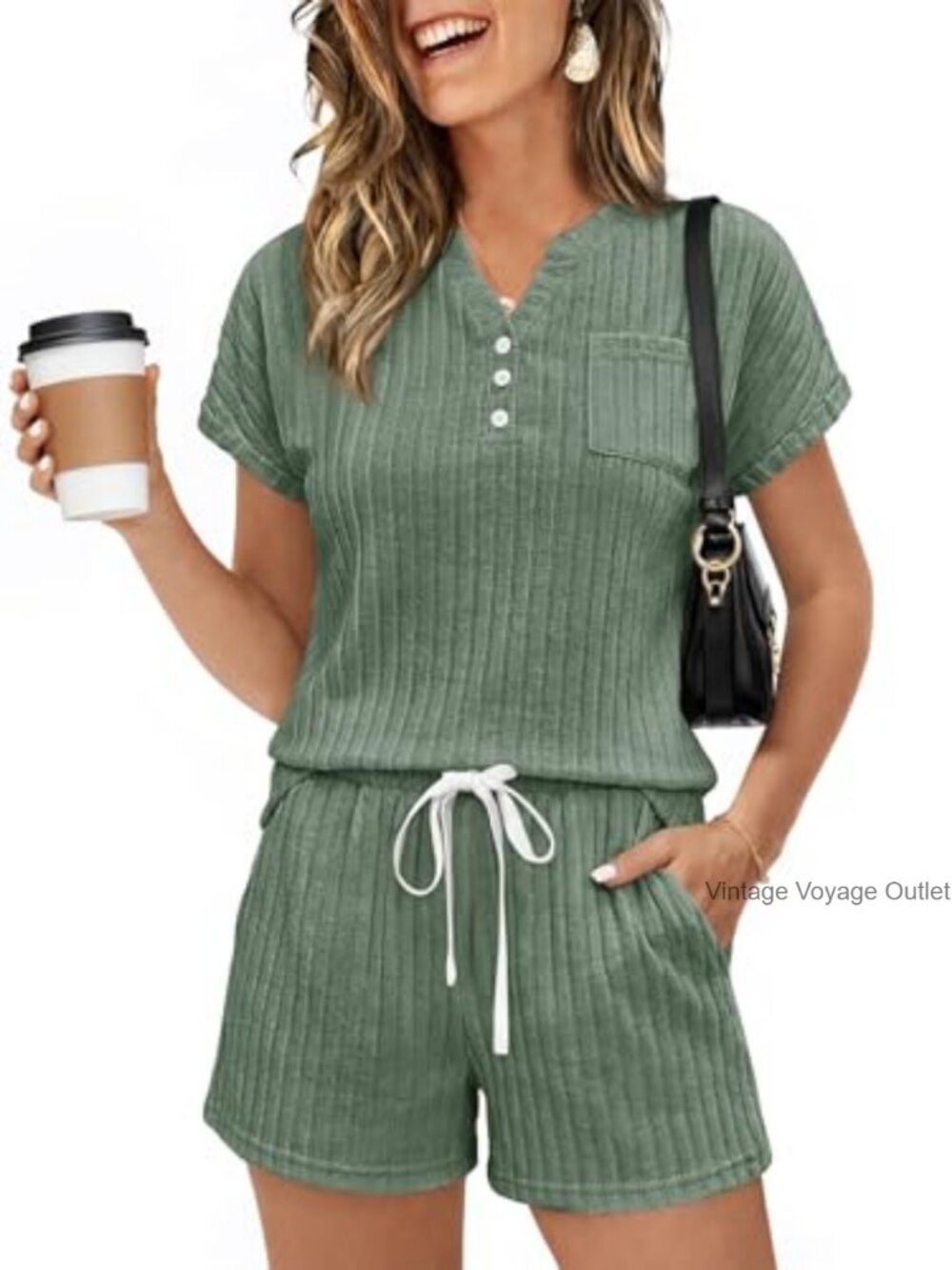 Womens 2 Piece Short Set Henley Top Pockets Lightweight Summer